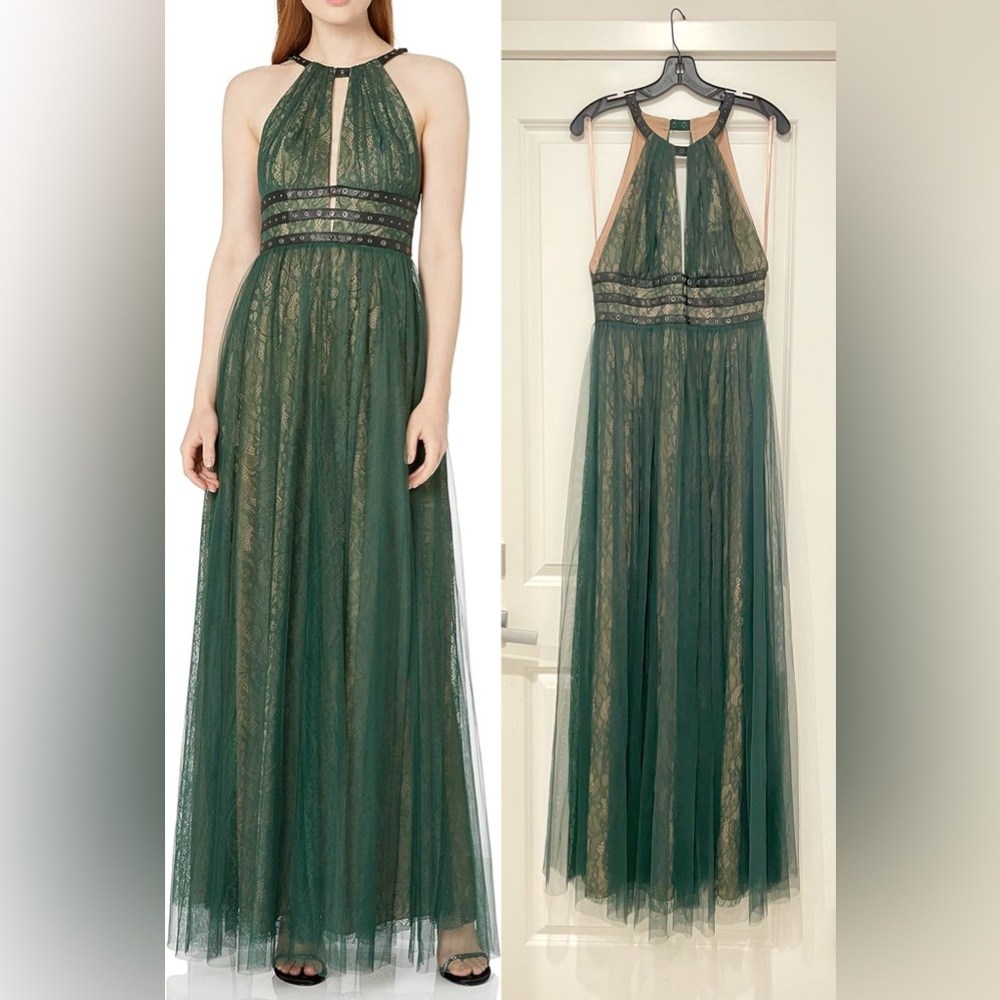 BCBGMAXAZRIA Jasmina Halter Dress with Lace Illusion and Grommet Details